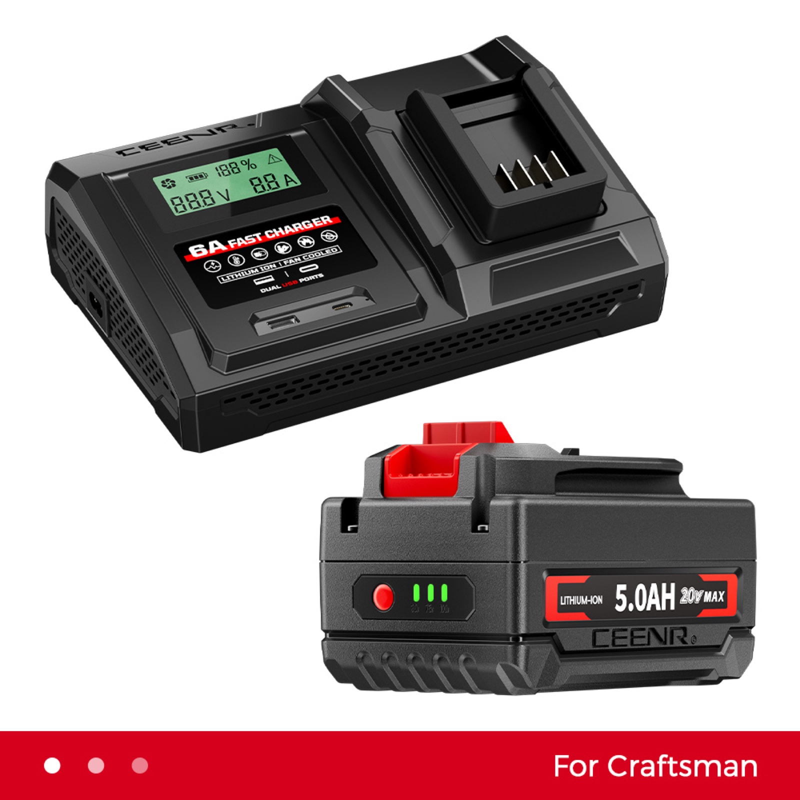 6 Amp Fast Charger for Craftsman 20V Max Lithium-Ion Battery Pack