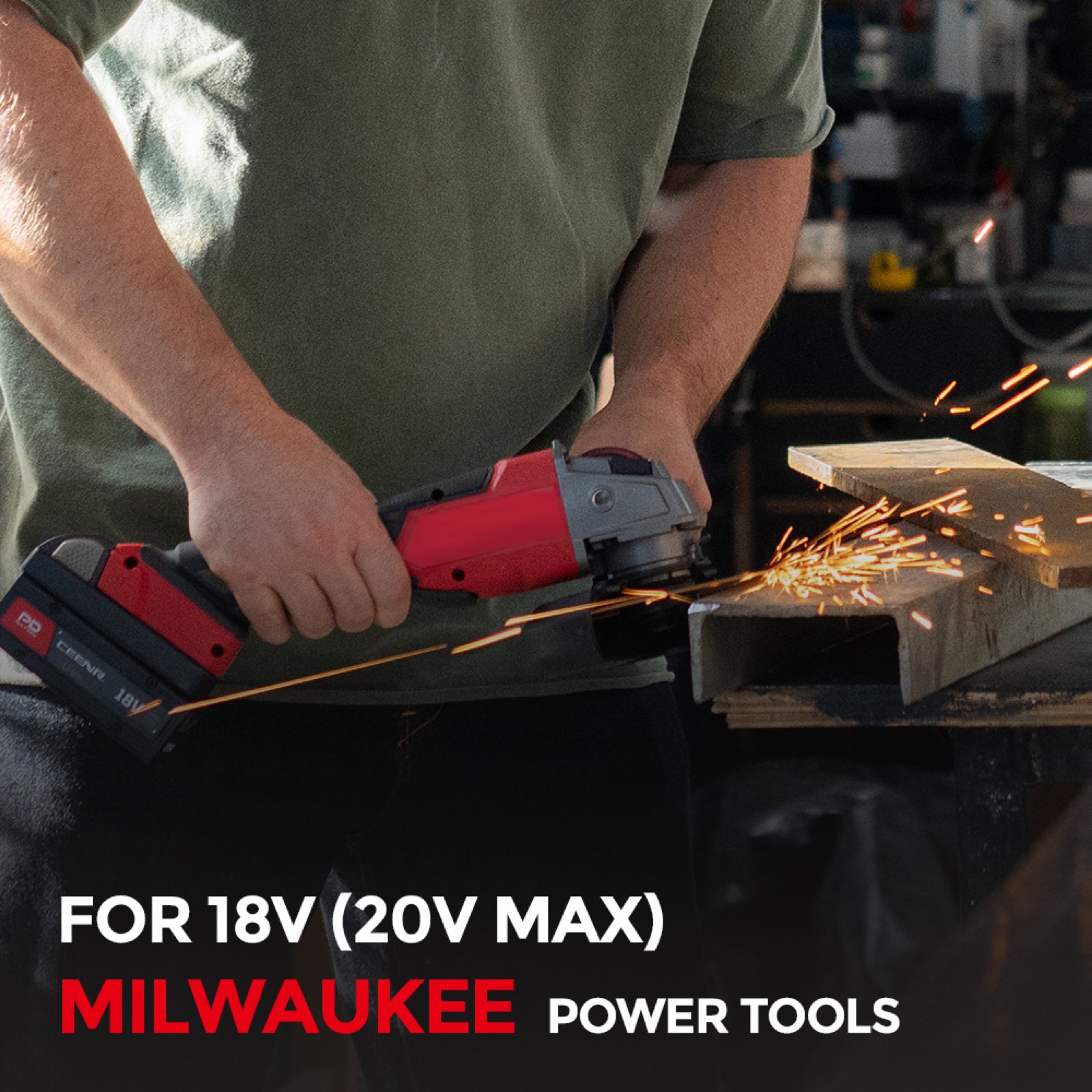 CEENR PDnation Mini 4.0Ah powering a Milwaukee angle grinder with sparks flying