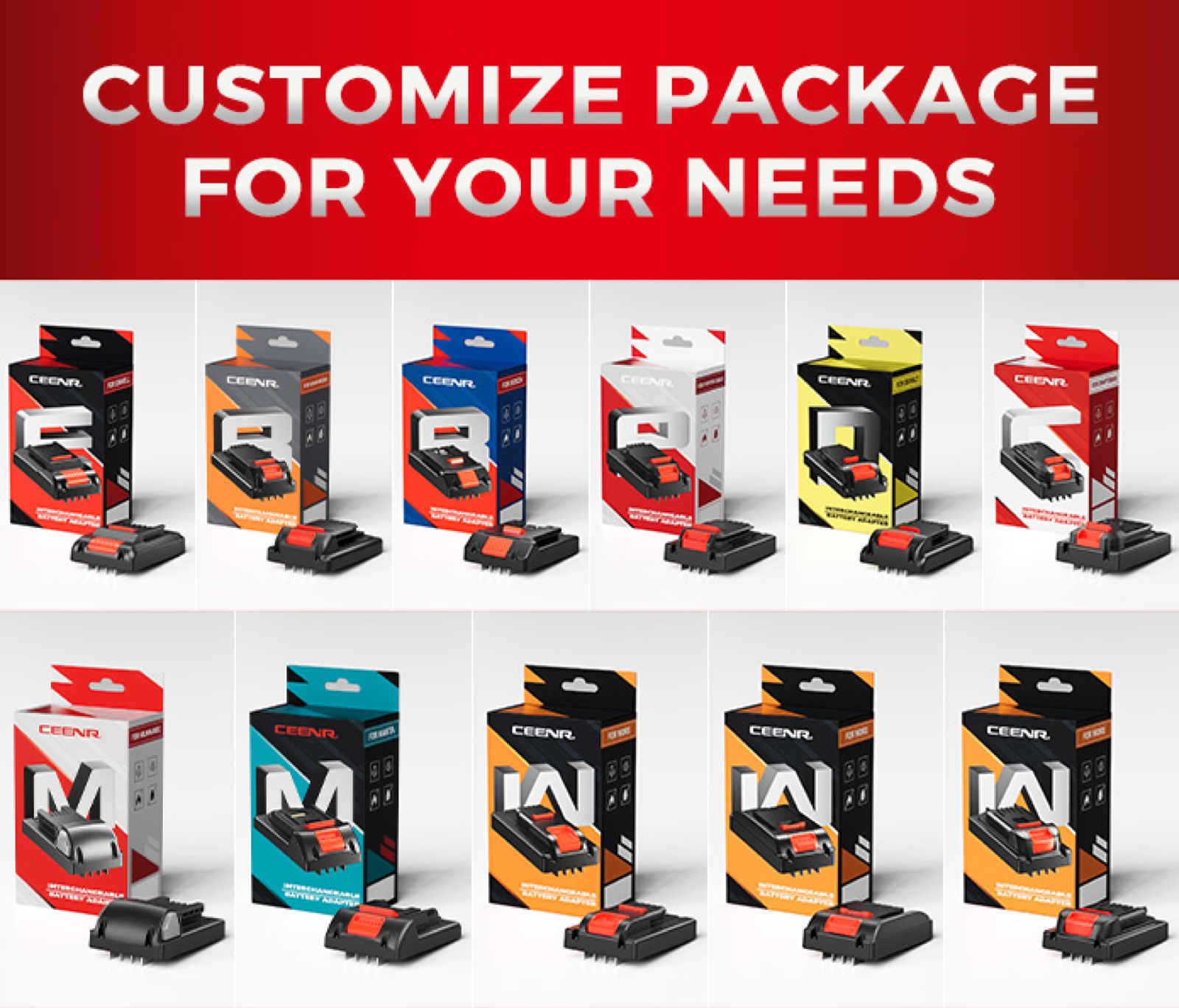 CEENR PDnation Pro adapter collection across DeWalt, Milwaukee, Makita, Ryobi, Bosch