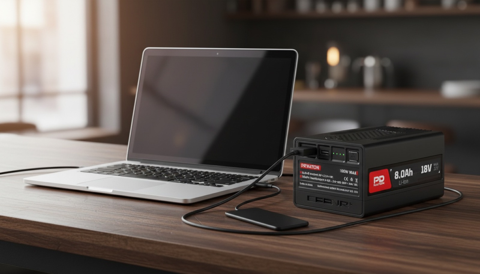 PDnation Pro charging a MacBook Pro via USB-C on a cafe desk